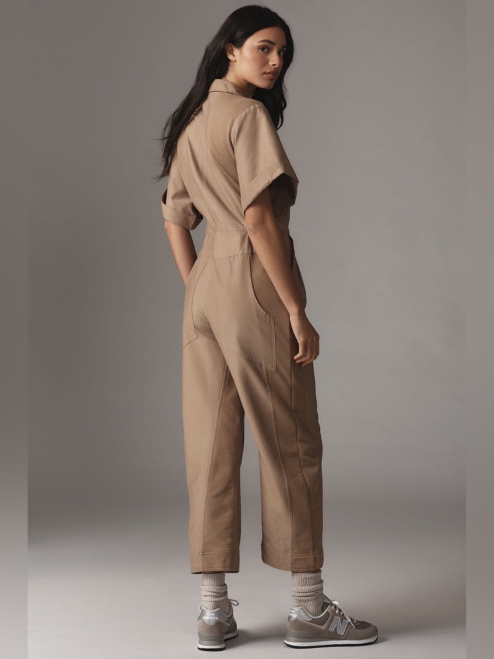 Taupe Short-Sleeve Utility Jumpsuit - Picture 2 of 5